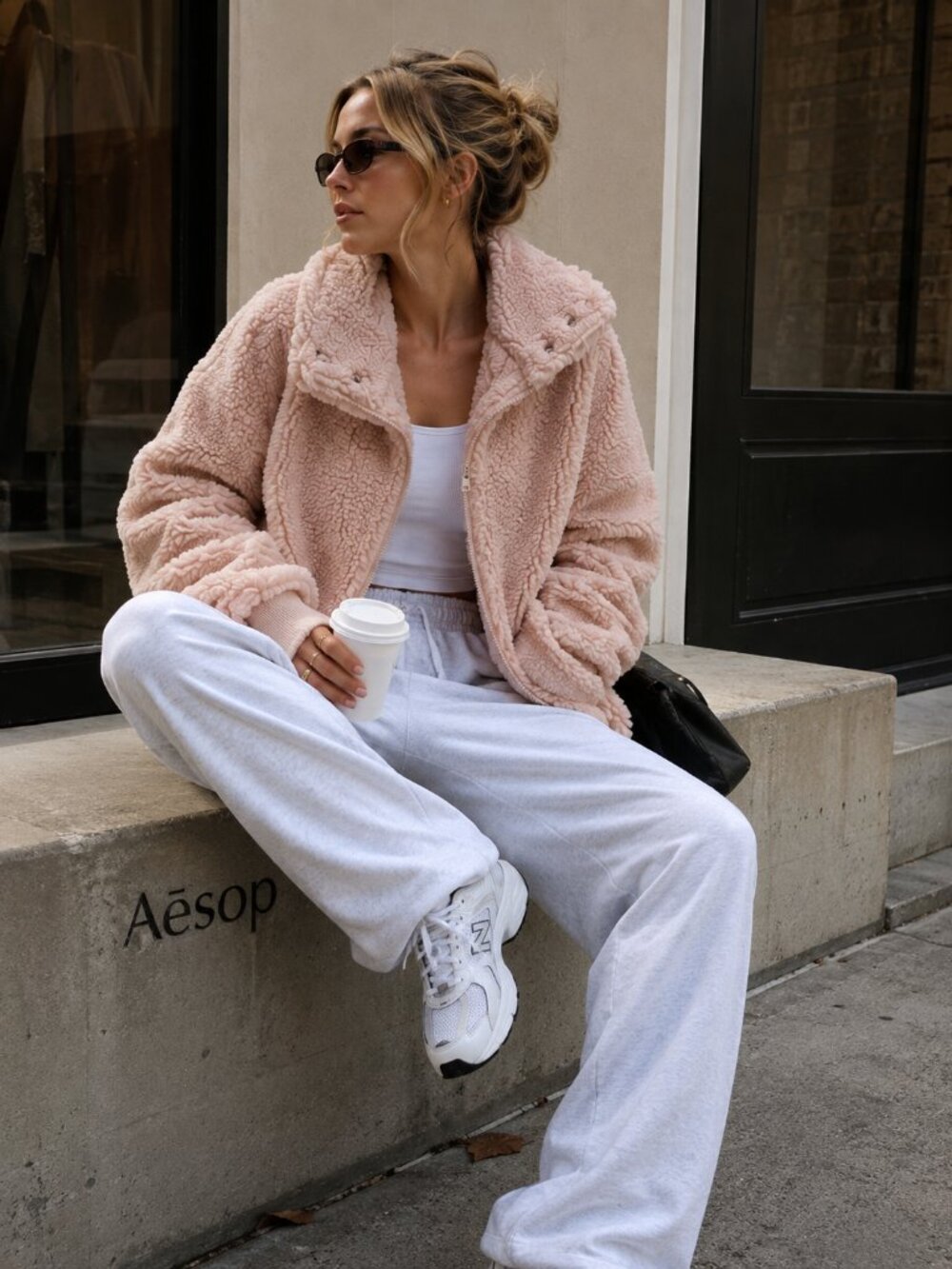 ABERCROMBIE pink cropped teddy Sherpa coat